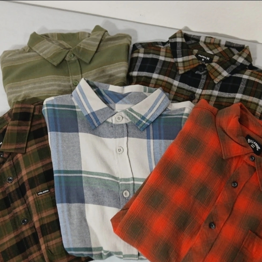 Quiksilver, Volcom, Billabong, Hurley Men's Plaid and Striped Shirt 5 Pack